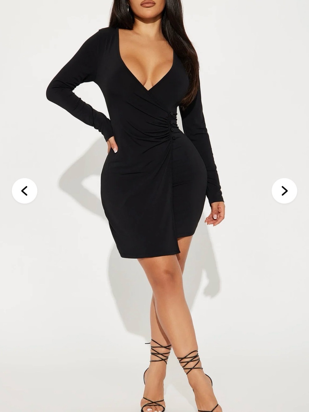 Black Long-Sleeve Ruched V-Neck Mini Dress